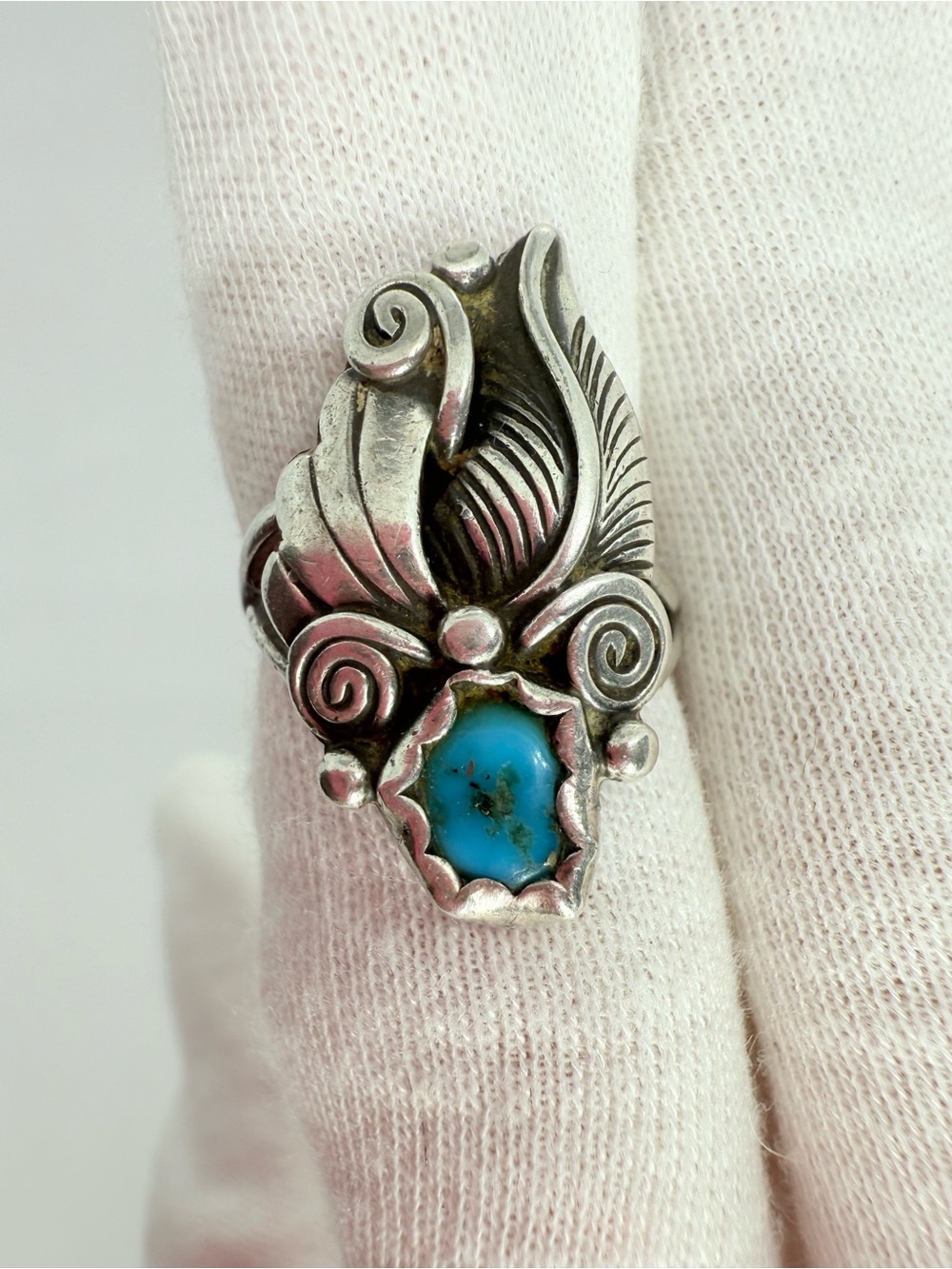 Vintage Navajo Signed Marie B Sterling Silver Turquoise Leaf Ring Size 6